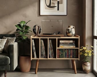 Solid Wood Mid-Century Modern Record Player Stand – Vinyl Storage Cabinet Console