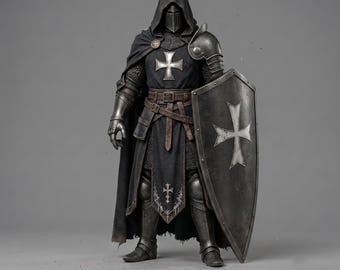 May include: A knight figure wearing black plate armor, a chainmail coif, and a dark hooded cloak. The chest and shield feature a white cross emblem. The figure includes a brown leather belt, metal gauntlets, greaves, and a large pointed shield.