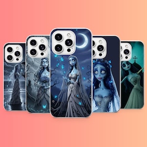 May include: Five smartphone cases featuring various illustrations of a blue-skinned character in a white wedding dress and veil. The designs include scenes with a crescent moon, glowing blue butterflies, and dark, atmospheric forest backgrounds.