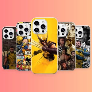 May include: A collection of five smartphone cases featuring various graphic designs of the character Wolverine. The designs include comic book style illustrations, movie stills of the character, and yellow backgrounds with the character in action.