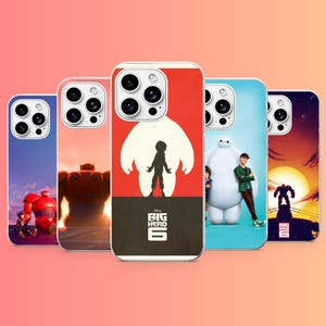 May include: Five smartphone cases featuring Big Hero 6 character graphics. The designs include Baymax and Hiro in various scenes, with one case prominently displaying the Big Hero 6 logo in white text against a red and black background.
