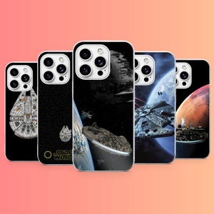 May include: Five smartphone cases featuring Star Wars imagery. Designs include the Millennium Falcon on black, a Death Star scene, a space battle near a planet, and a close-up of the Millennium Falcon flying past a large orange planet.