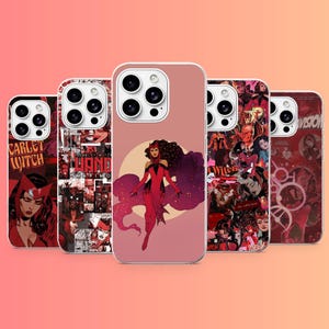 May include: Five smartphone cases featuring Scarlet Witch imagery. Designs include comic book panels, red and black color schemes, and a central illustration of the character in a red costume against a circular background with text.