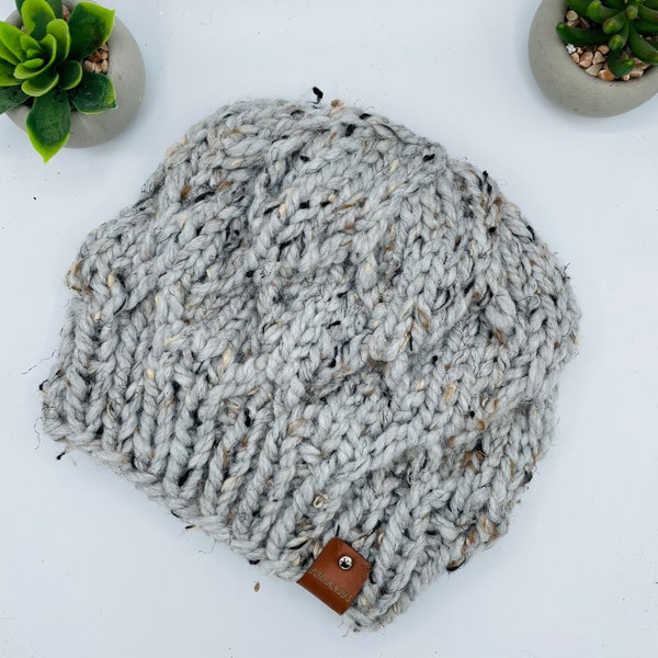 Chunky Knit Toque - Honeycomb Collection - Grey Marble Wool Blend - No Pom