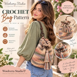 Crochet Bag Pattern Knitted Drawstring Bag Pattern Bucket Bag Pattern Tassel Purse Knitting Pattern Leather Strap Bag Diy Digital Download