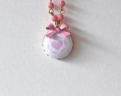 Pink Heart Necklace Valentines Day Gift Little Girl Kid Child's Children's Jewelry Beaded Covered Fabric Button
