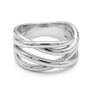 May include: A polished silver-toned ring featuring a multi-band design with several smooth, rounded strands that overlap and intertwine to create an open, layered structure. The metal surface is reflective and uniform in color throughout the piece.