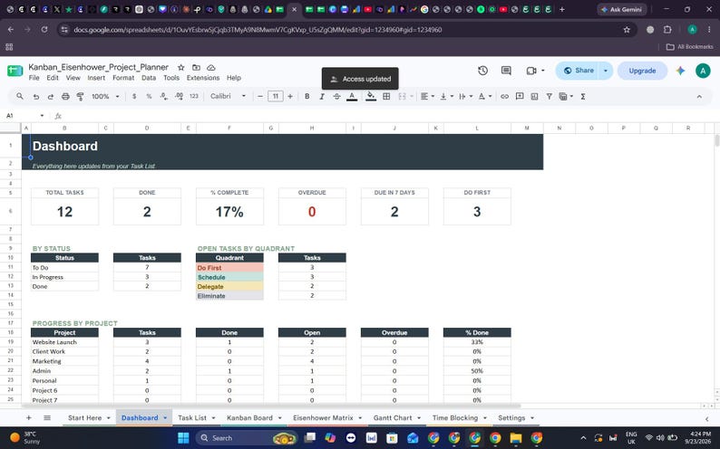 Kanban Board & Eisenhower Matrix Spreadsheet, Project Tracker, Gantt ...