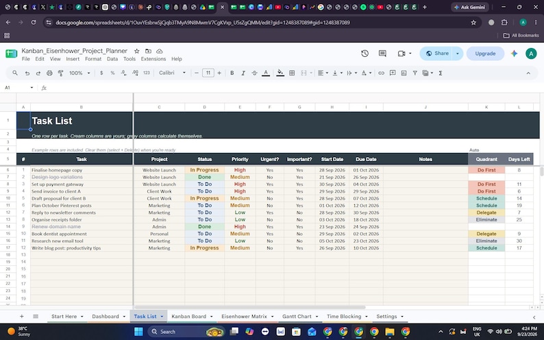Kanban Board & Eisenhower Matrix Spreadsheet, Project Tracker, Gantt ...