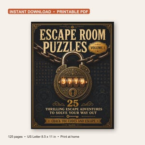 Escape Room Puzzles Printable PDF, 25 Escape Adventures for Adults and Teens, Codes, Locks and Logic, Instant Download Puzzle Book