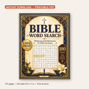 Puede incluir: Una portada de libro de sopa de letras bíblicas con el texto BIBLE WORD SEARCH, 50 Relaxing Faith-Filled Puzzles for Adults and Seniors, y 100 Puzzles With Complete Solutions. El diseño incluye una cruz, una vela y un libro abierto.