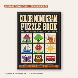Peut inclure: Un livre de puzzles nonogrammes en couleur volume 2 avec une couverture noire présentant neuf illustrations en pixel art dont une maison, un arbre, un chat, un voilier, un champignon, un soleil, un papillon, un hibou et un bus. 320 puzzles.