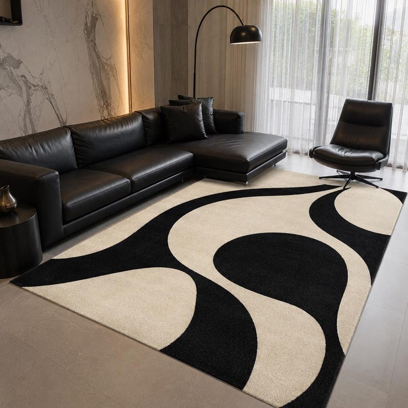 Modern Black Cream Abstract Area Rug, Geometric Living Room Carpet ...
