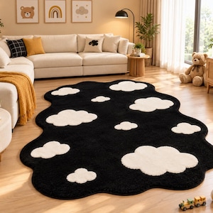 Black Cloud Rug, White Cloud Pattern Area Rug, Cute Irregular Shaped Carpet, Modern Living Room Rug Aesthetic Bedroom Rug, Unique Home Decor
