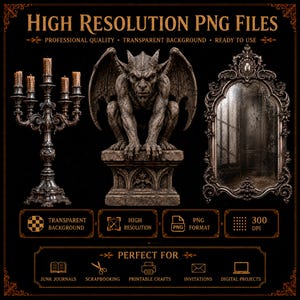 Victoriaanse gotische PNG-bundel, Dark Academia-clipart, raaf, zwarte rozen, waterspuwer (digitale download) afbeelding 3