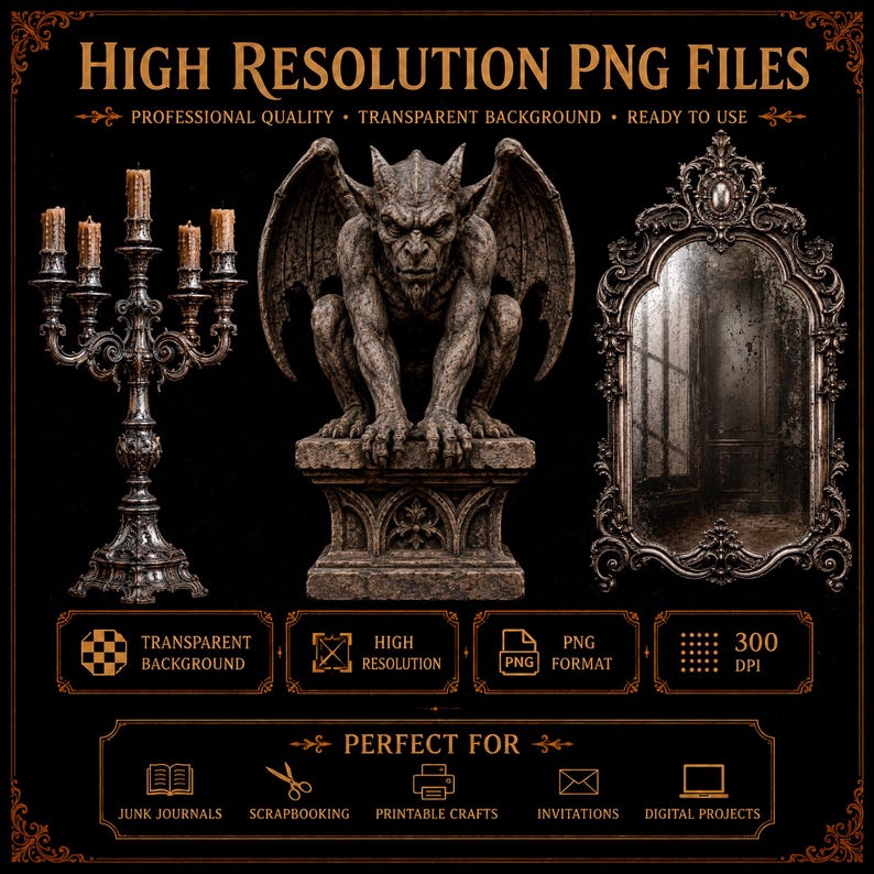Victoriaanse gotische PNG-bundel, Dark Academia-clipart, raaf, zwarte rozen, waterspuwer (digitale download) afbeelding 3