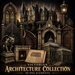 Victoriaanse architectuurcollectie PNG, gotische herenhuizen en antieke bouwelementen, Dark Academia clipart (digitale download)