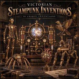 Può includere: Una copertina di libro intitolata Victorian Steampunk Inventions 50 Unique Inventions con un robot in ottone, un ragno meccanico, una macchina centrale luminosa, un uccello a orologeria, un cuore metallico e un automa a quattro zampe.