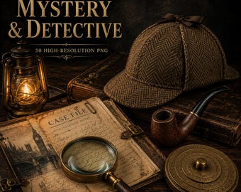 Victoriaanse mysterie- en detective-PNG-bundel, 50 Dark Academia-clipart, antieke onderzoeksmemorabilia (digitale download)