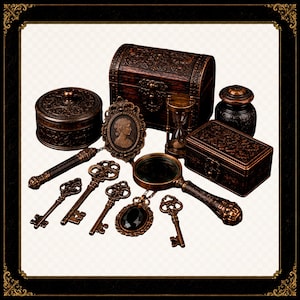 Op de afbeelding: Een verzameling objecten in antieke stijl, waaronder een houten kist, een ronde doos met deksel, een rechthoekige doos, een kleine pot, een zandloper, een vergrootglas, vier versierde metalen sleutels, een camee-hanger en een zwarte edelsteen hanger.