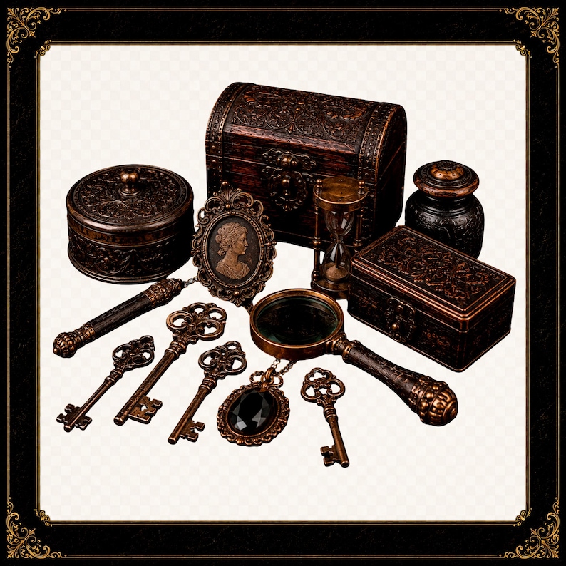Op de afbeelding: Een verzameling objecten in antieke stijl, waaronder een houten kist, een ronde doos met deksel, een rechthoekige doos, een kleine pot, een zandloper, een vergrootglas, vier versierde metalen sleutels, een camee-hanger en een zwarte edelsteen hanger.