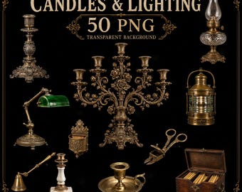 Victoriaanse kaarsen en verlichting PNG-bundel | Junk Journal Ephemera | 50 antieke cliparts