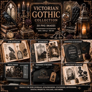 Op de afbeelding: Een digitale collectie van 30 Victoriaanse Gothic PNG-afbeeldingen met donkere, sierlijke elementen zoals een raaf, kandelaars, antieke sleutels, een lantaarn en vintage boeken voor junk journaling, scrapbooking en briefpapier.