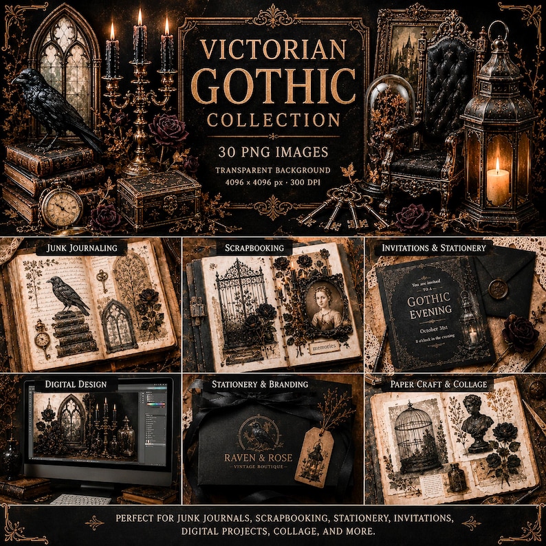 Op de afbeelding: Een digitale collectie van 30 Victoriaanse Gothic PNG-afbeeldingen met donkere, sierlijke elementen zoals een raaf, kandelaars, antieke sleutels, een lantaarn en vintage boeken voor junk journaling, scrapbooking en briefpapier.