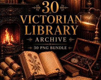 Victoriaanse bibliotheek PNG-bundel, antieke boeken clipart, Dark Academia Archive digitale download