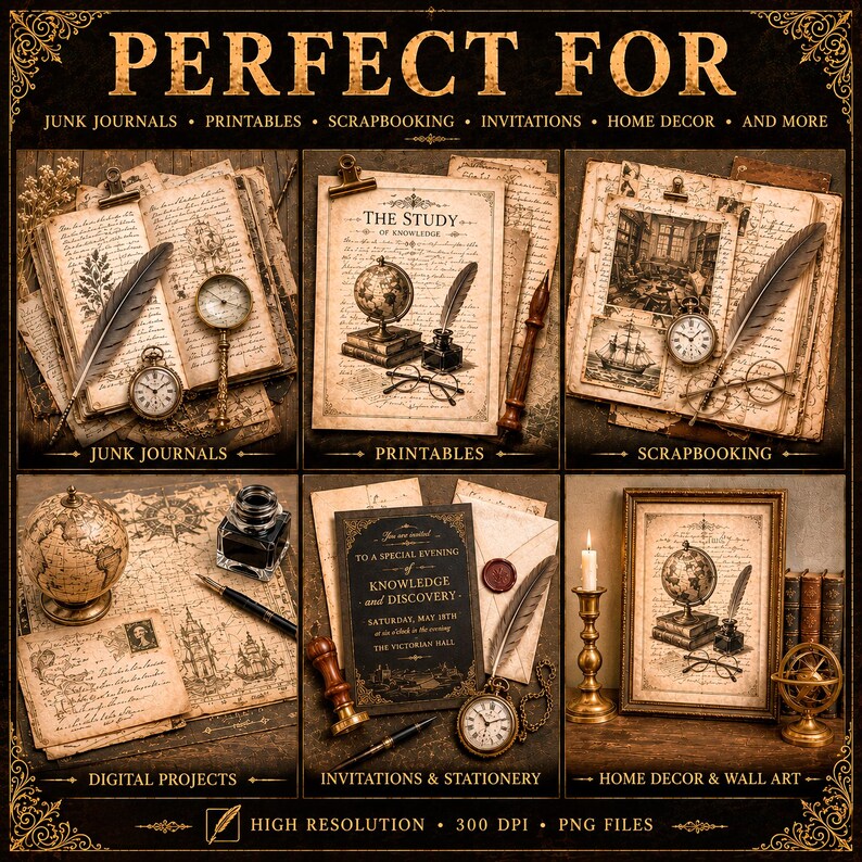 Victoriaanse studieobjecten clipart, Dark Academia png-bundel, antieke boeken en schrijfhulpmiddelen digitale download afbeelding 8