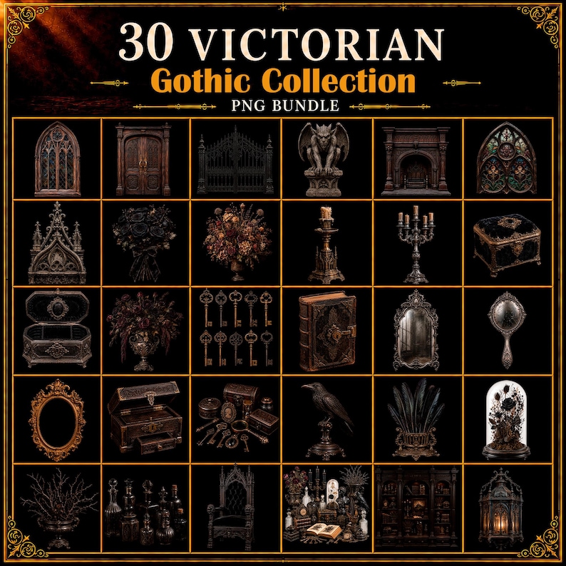 Victoriaanse gotische PNG-bundel, Dark Academia-clipart, raaf, zwarte rozen, waterspuwer (digitale download) afbeelding 2