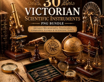 30 Victoriaanse wetenschappelijke instrumenten PNG-bundel, antieke wetenschap clipart, microscoop, telescoop, astrolabium (digitale download)
