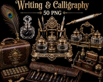 Bundel met PNG-afbeeldingen van Victoriaans schrift en kalligrafie | Junk Journal Ephemera | 50 antieke cliparts