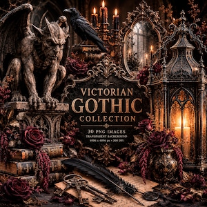Op de afbeelding: Een digitale asset-set van de Victoriaanse Gothic-collectie met een stenen waterspuwer, een zwarte raaf op boeken, een kaarslantaarn, sierlijke spiegels, vintage sleutels, een veer en donkerrode rozen. Tekst: VICTORIAN GOTHIC COLLECTION.