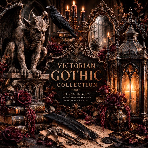 Victorian Gothic PNG Bundle, Dark Academia Clipart, Raven, Black Roses, Gargoyle (Digital Download)