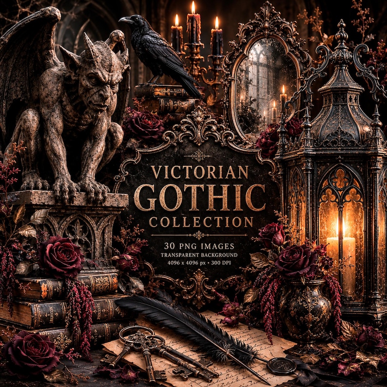 Op de afbeelding: Een digitale asset-set van de Victoriaanse Gothic-collectie met een stenen waterspuwer, een zwarte raaf op boeken, een kaarslantaarn, sierlijke spiegels, vintage sleutels, een veer en donkerrode rozen. Tekst: VICTORIAN GOTHIC COLLECTION.