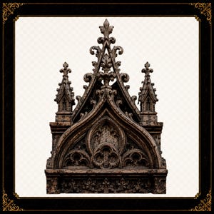 Op de afbeelding: Een donkerbruin, verweerd architecturaal fragment met ingewikkelde uitgesneden details, spitsbogen en pinakels. De structuur vertoont een symmetrisch, gelaagd ontwerp met versierde bladmotieven en een verweerde, verouderde oppervlaktestructuur.