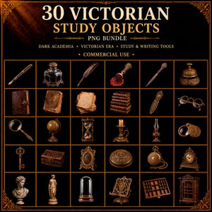 Victoriaanse studieobjecten clipart, Dark Academia png-bundel, antieke boeken en schrijfhulpmiddelen digitale download afbeelding 2