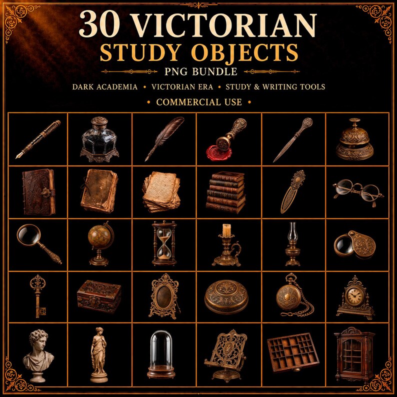 Victoriaanse studieobjecten clipart, Dark Academia png-bundel, antieke boeken en schrijfhulpmiddelen digitale download afbeelding 2