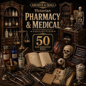 Puede incluir: Una colección digital titulada Archive & Quill Victorian Pharmacy & Medical Collection que incluye 50 imágenes PNG de alta resolución de antigüedades médicas, incluyendo un esqueleto humano, cráneo, modelo de corazón, frascos, balanzas y libros.