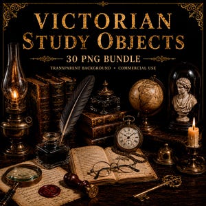 Victorian Study Objects Clipart, Dark Academia PNG Bundle, Antique Books & Writing Tools Digital Download