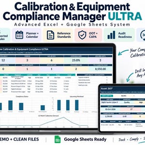 May include: A digital dashboard titled Calibration & Equipment Compliance Manager ULTRA, displayed on a laptop and tablet. The interface shows data tables, bar charts, and metrics for asset tracking, audit readiness, and compliance management.