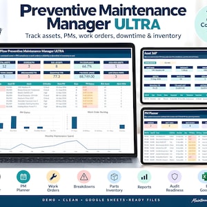 Puede incluir: Un panel digital titulado Preventive Maintenance Manager ULTRA en una computadora portátil y dos tabletas, con tablas de datos, gráficos de barras y líneas para rastrear activos, órdenes de trabajo, tiempo de inactividad e inventario.