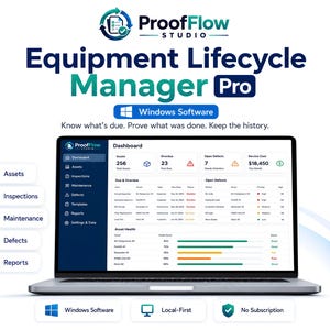 Könnte beinhalten: Ein Laptop zeigt das Dashboard der Software ProofFlow Studio Equipment Lifecycle Manager Pro mit Bereichen für Anlagen, Inspektionen, Wartung, Mängel und Berichte sowie Daten zum Anlagenzustand und anfallenden Servicekosten.