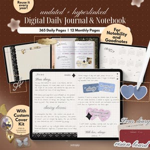 Könnte beinhalten: Ein undatiertes und verlinktes digitales Tagesjournal und Notizbuch für Notability und Goodnotes. Die Anzeige zeigt 365 Tagesseiten, 12 Monatsseiten, ein benutzerdefiniertes Cover-Kit und Vision-Board-Elemente mit Text und verschiedenen Stickern.