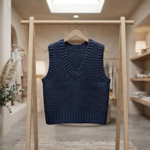 May include: A dark navy blue sleeveless sweater vest featuring a deep V-neckline and a thick ribbed knit trim along the collar, armholes, and bottom hem. The garment is crafted from a textured, chunky yarn and hangs on a wooden hanger.