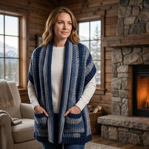 May include: A sleeveless open-front cardigan featuring a striped pattern in shades of navy blue, slate blue, and light gray. The garment includes two large patch pockets on the front and a wide ribbed collar that extends down the length of the piece.