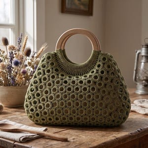 Könnte beinhalten: Eine olivgrüne Häkeltasche mit einem sich wiederholenden kreisförmigen Muster über den gesamten Körper und zwei runden, hellen Holzgriffen. Die Tasche hat eine strukturierte, breite Basis und ein nach oben zulaufendes Design mit aufwendiger Garnarbeit.