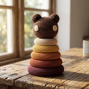 May include: A crochet stacking toy featuring a dark brown bear head topper with small round ears and cream-coloured circular eyes, sitting atop a vertical stack of five rings in descending order of size, coloured in cream, yellow, orange, rust, and plum.