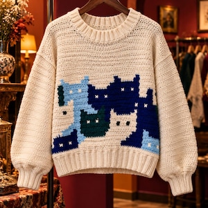 May include: A cream-coloured long-sleeve jumper featuring a ribbed crew neckline, cuffs, and hem. The front displays a repeating pattern of stylised cat faces in shades of dark blue, light blue, and dark green, all rendered in a knit texture.